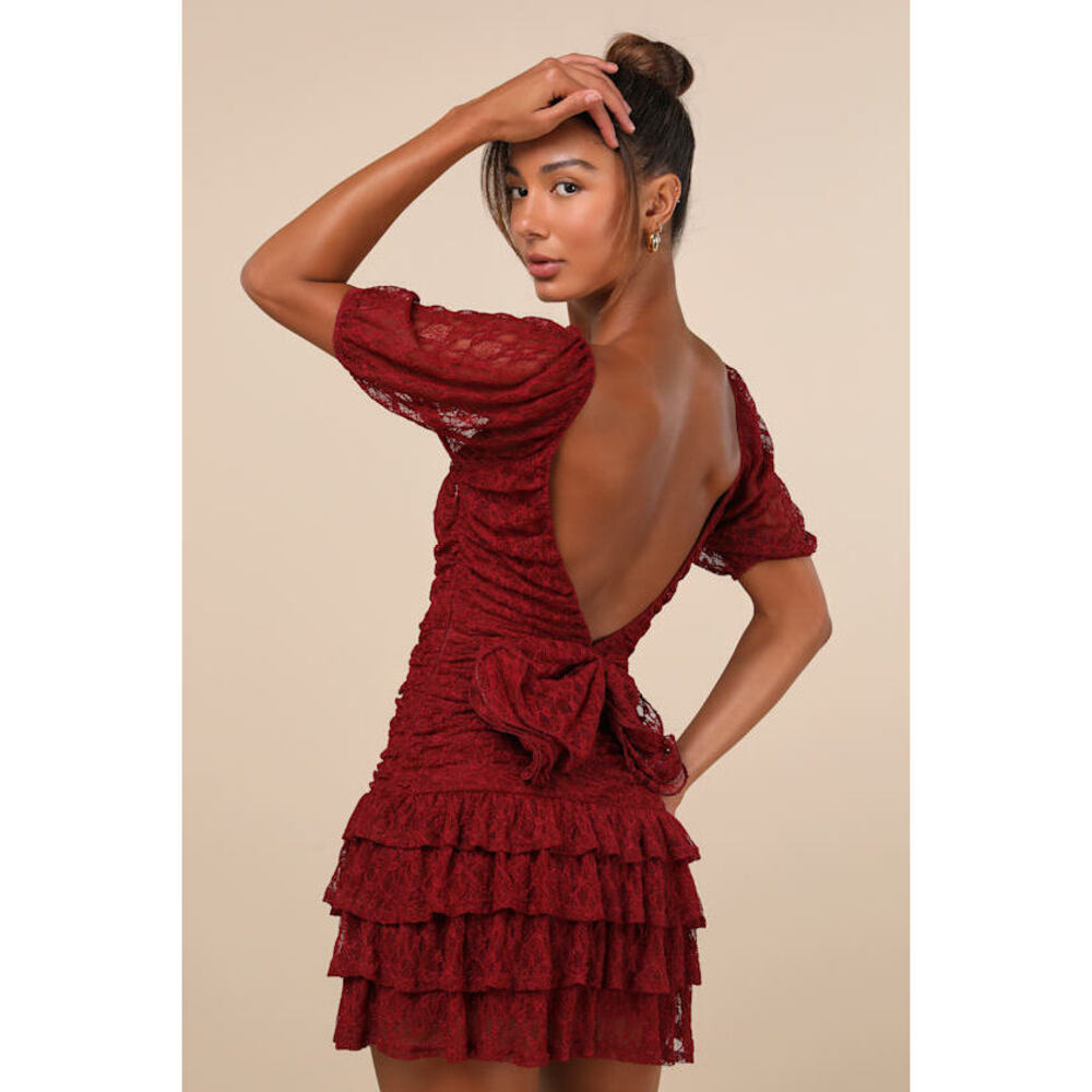 Lulus Darling Persuasion Burgundy Lace Puff Sleeve Tiered Mini Dress - Size L